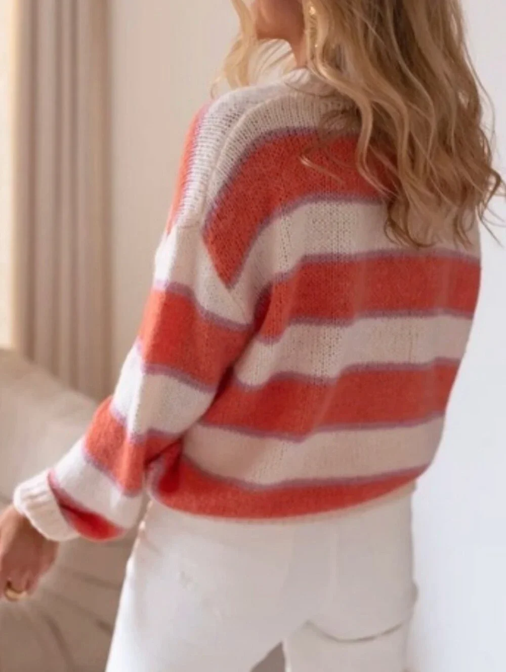 SeaSon Cree Avec Amore‎ Sweater Striped Mohair Crewneck Coral Pink